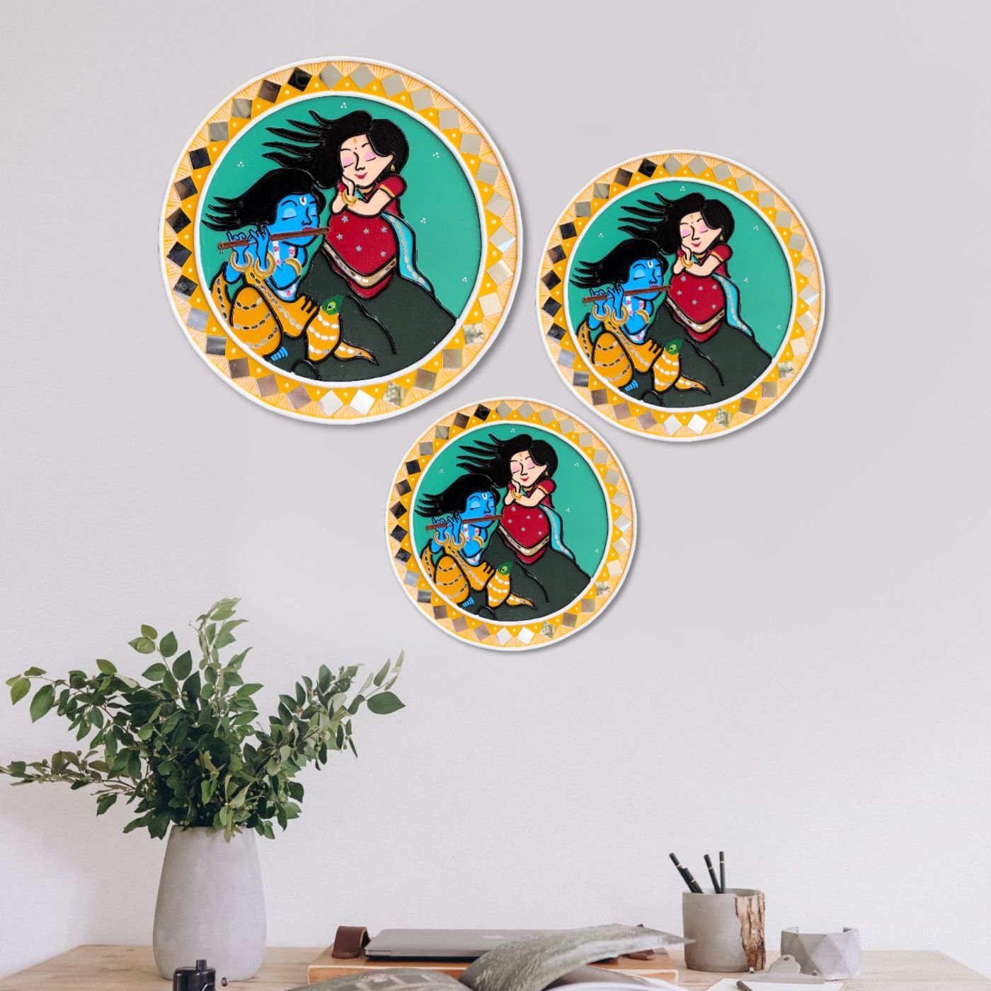 Handcrafted Radha Krishna Lippan Art Wall Plate Decor with Mirrors, Traditional Indian Home Decor