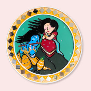 Handcrafted Radha Krishna Lippan Art Wall Plate Decor with Mirrors, Traditional Indian Home Decor